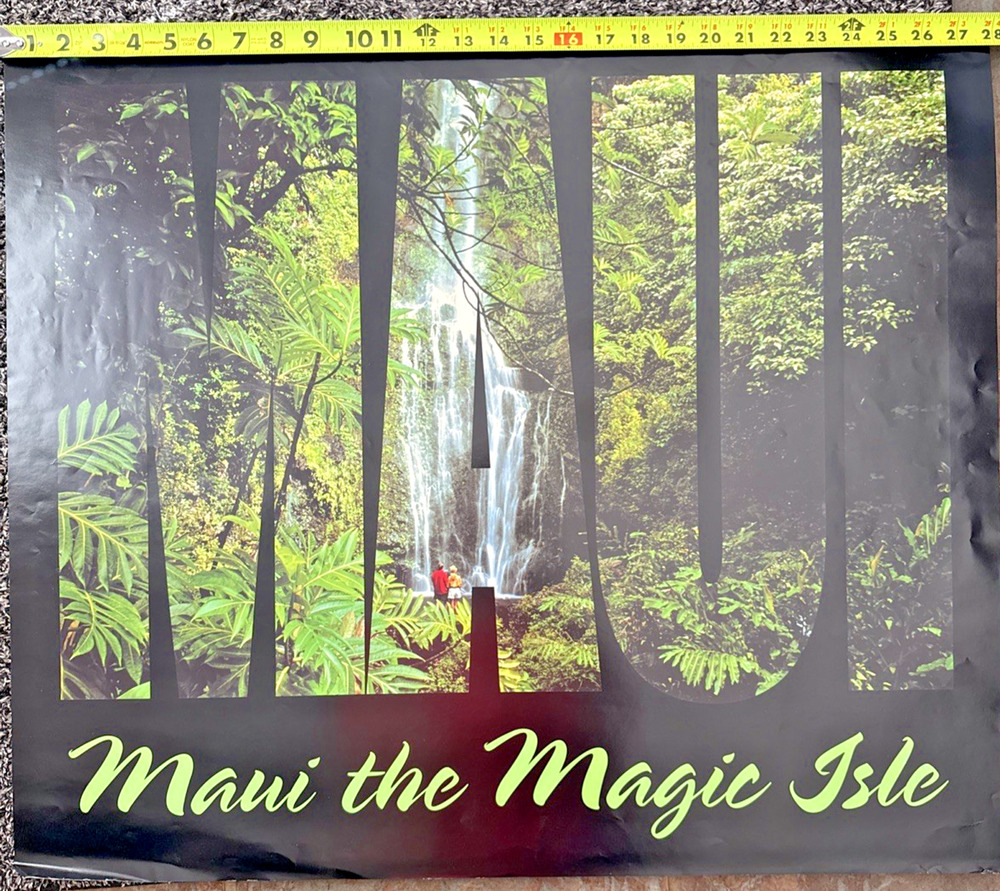 Vintage Maui Hawaii Poster The Magic Isle 28" x 24" Hawaiian Waterfall Tourism